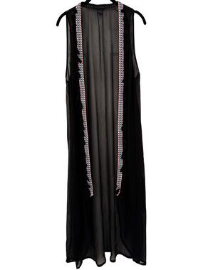 Steve Madden Sheer Black Tassel Duster Vest | Boho Open Front Kimono Cover-Up